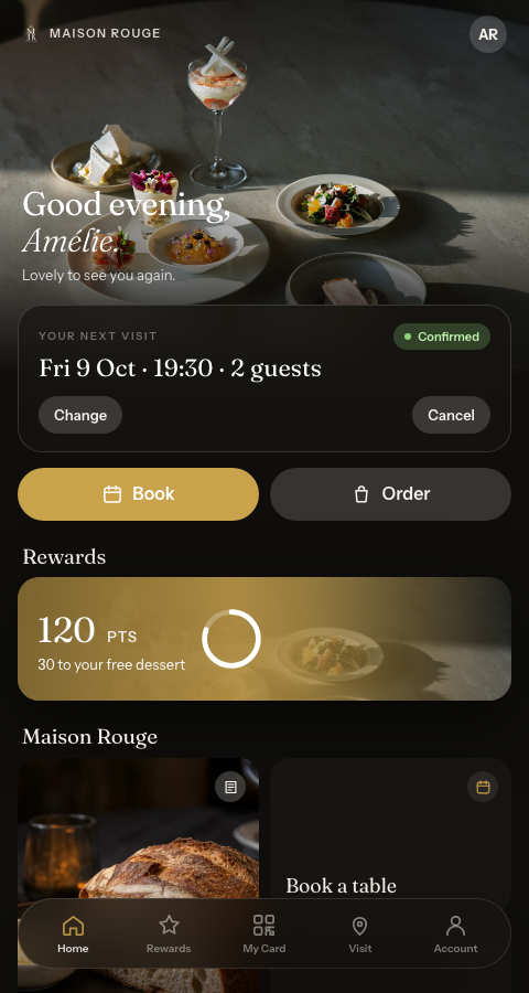 The guest App Home tab: a greeting, the next visit card with Change and Cancel buttons, and Book and Order buttons