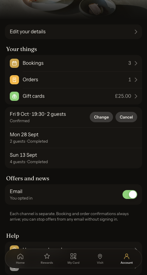 The Account tab with the Bookings list open: the upcoming booking and two completed past visits