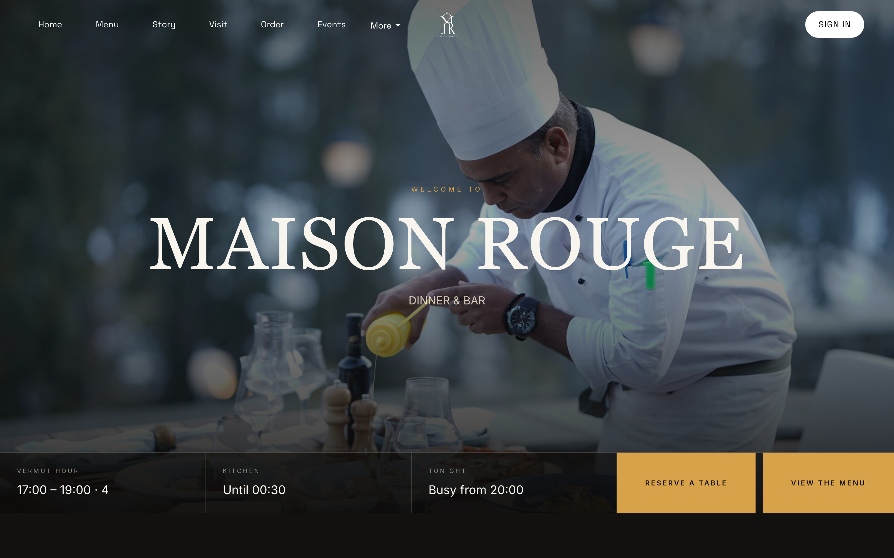 The top of Maison Rouge's Menu page: a chef finishing a dish, with Vermut hour, Kitchen and Tonight status details and Reserve a table / View the menu buttons