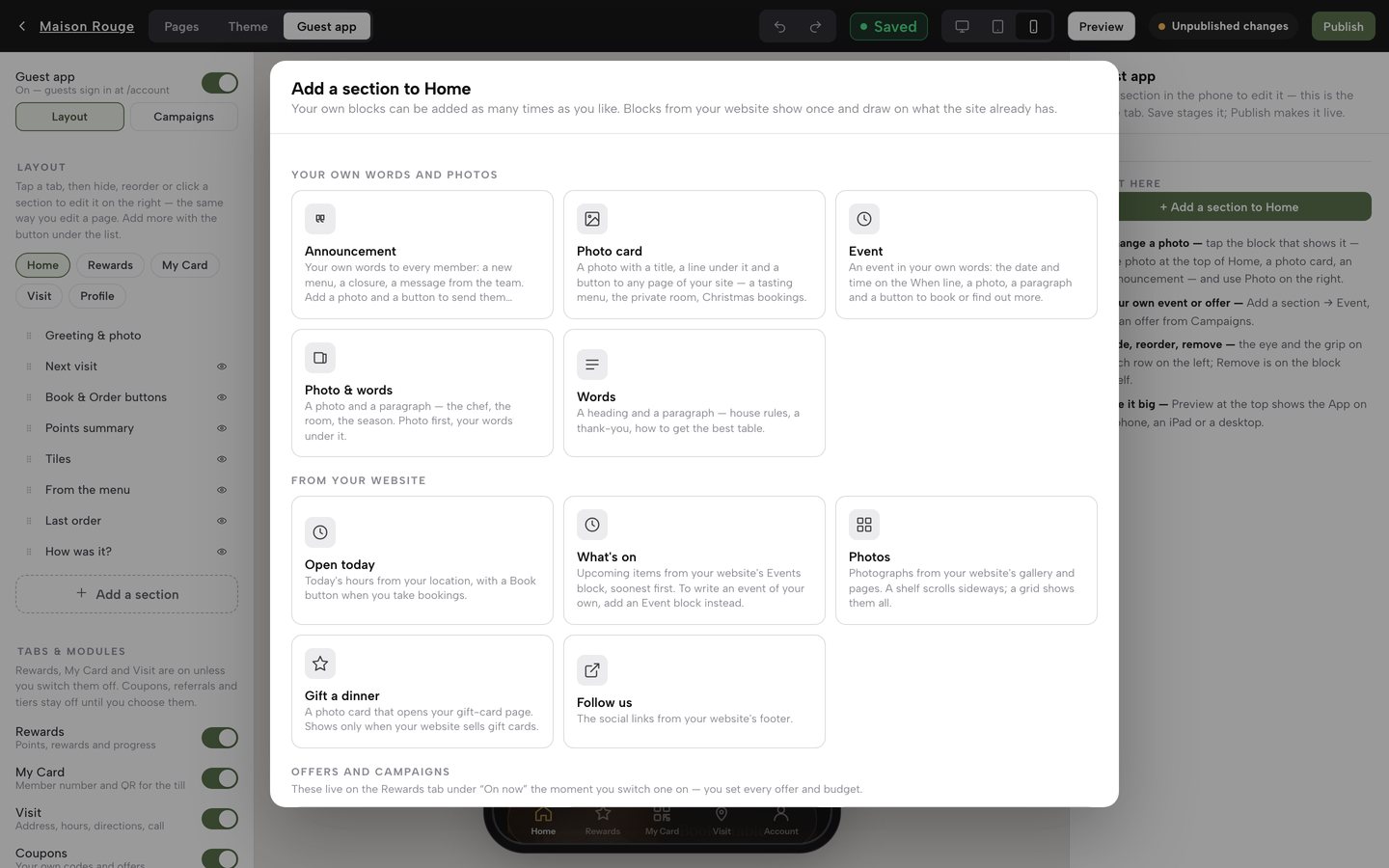 The Add a section library over the Builder, with Event among the blocks under Your own words and photos