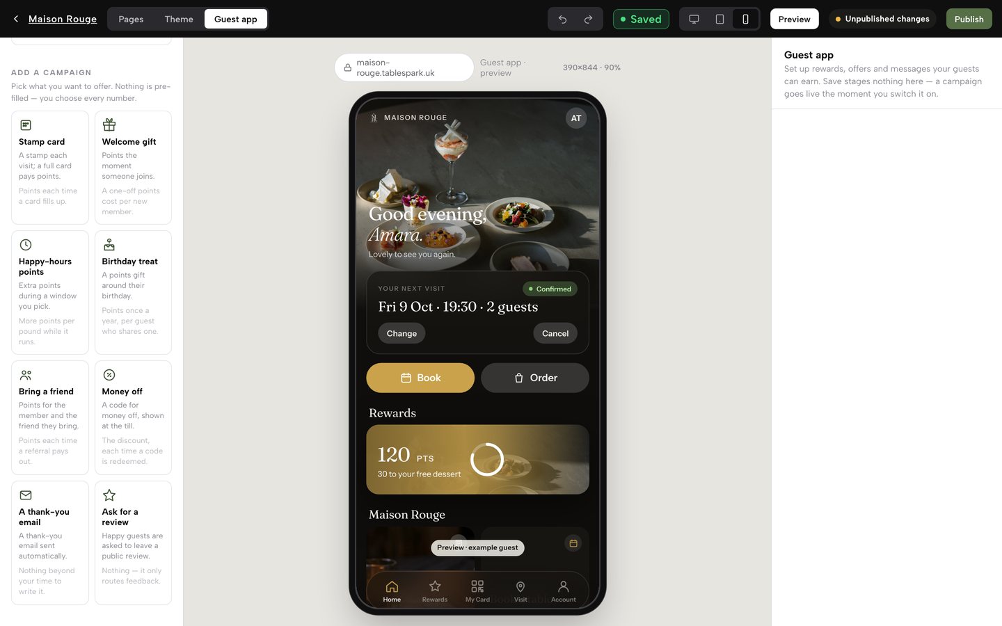 The Add a campaign gallery of eight recipe cards, each with a one-line description of what the guest gets and what it costs the restaurant