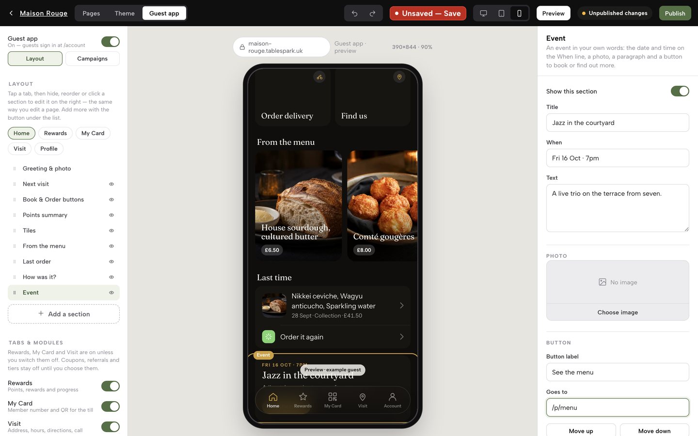 A new Event block on the Home tab, Jazz in the courtyard, with the Event inspector's Title, When, Text, Photo, Button label and Goes to fields