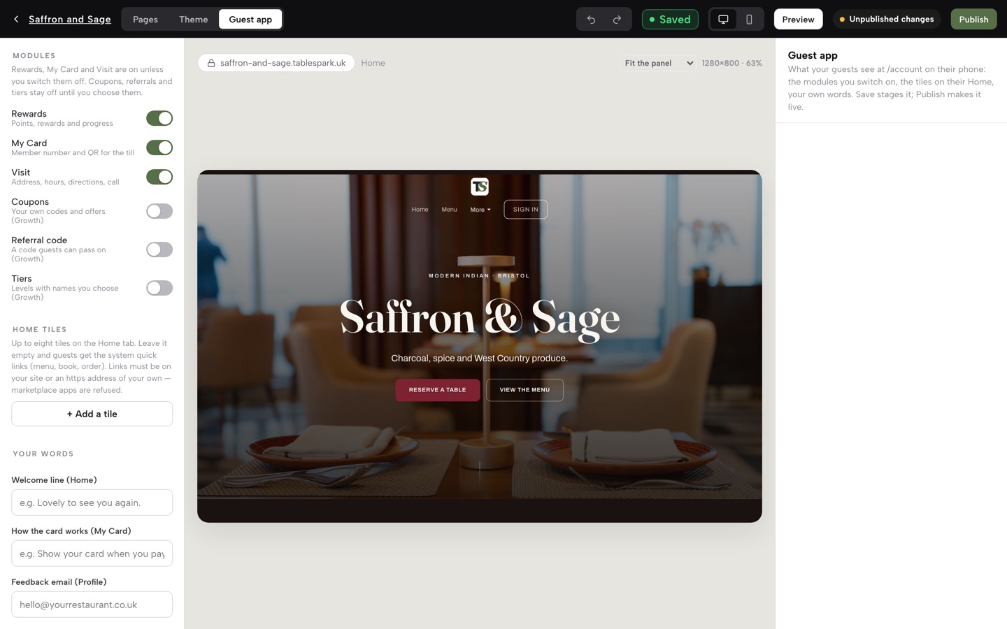 The Builder's Guest app tab on the demo site: module switches for Rewards, My Card, Visit, Coupons, Referral and Tiers, then Home tiles, Your words and Legal links