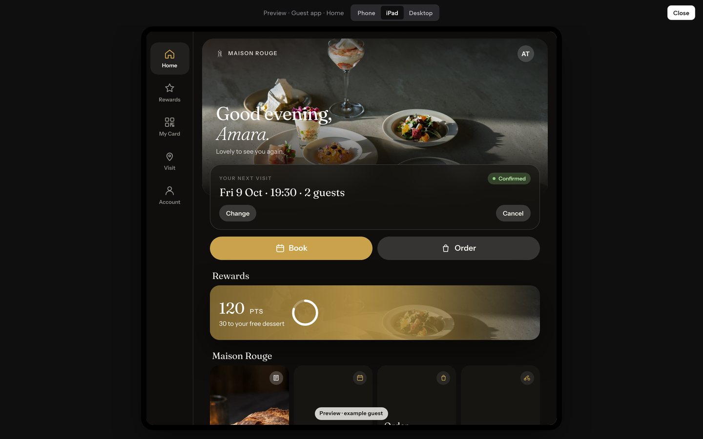The Preview overlay showing the guests' app at iPad size: a tab rail down the left, the greeting photo, Next visit, the Book and Order buttons and the Rewards pass