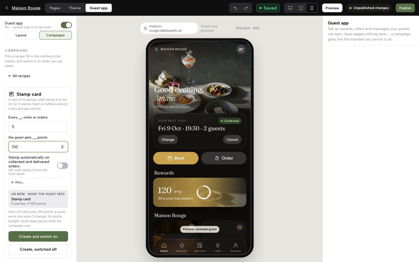 The Stamp card recipe form with 5 typed into Every __ visits or orders and 120 into the guest gets __ points, the live On now preview and the cost line underneath
