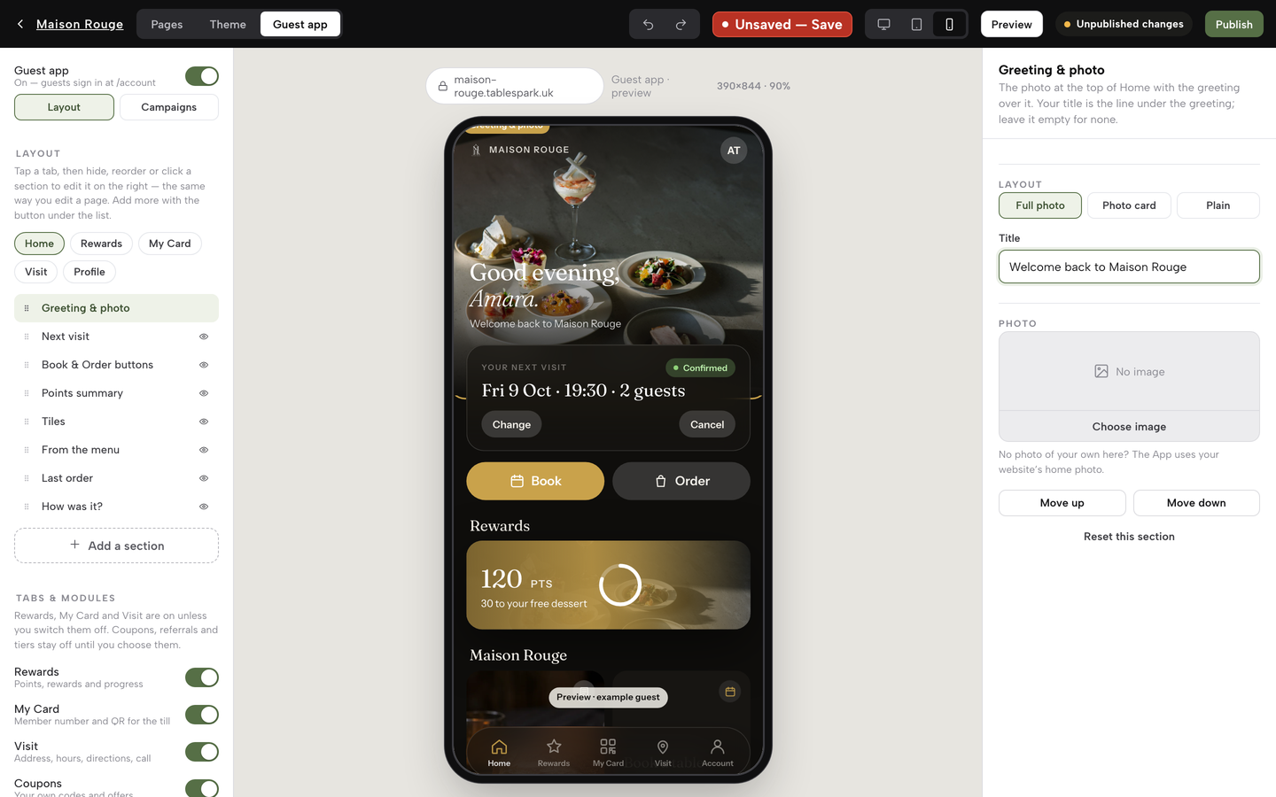 The Title field filled in with Lovely to see you again, and the Layout row offering Full photo, Photo card and Plain