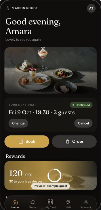 The Builder's phone preview of the Home tab after the edits in this guide: the greeting photo in the Photo card layout, then the Next visit card, the Book and Order buttons and the Rewards pass, with the renamed Perks tab in the tab bar