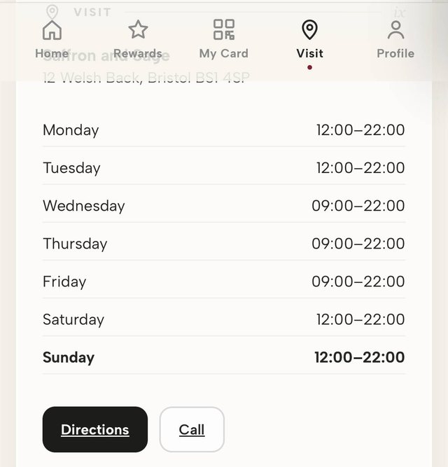 The Visit tab: the restaurant's address, a Monday-to-Sunday opening hours table, and Directions and Call buttons