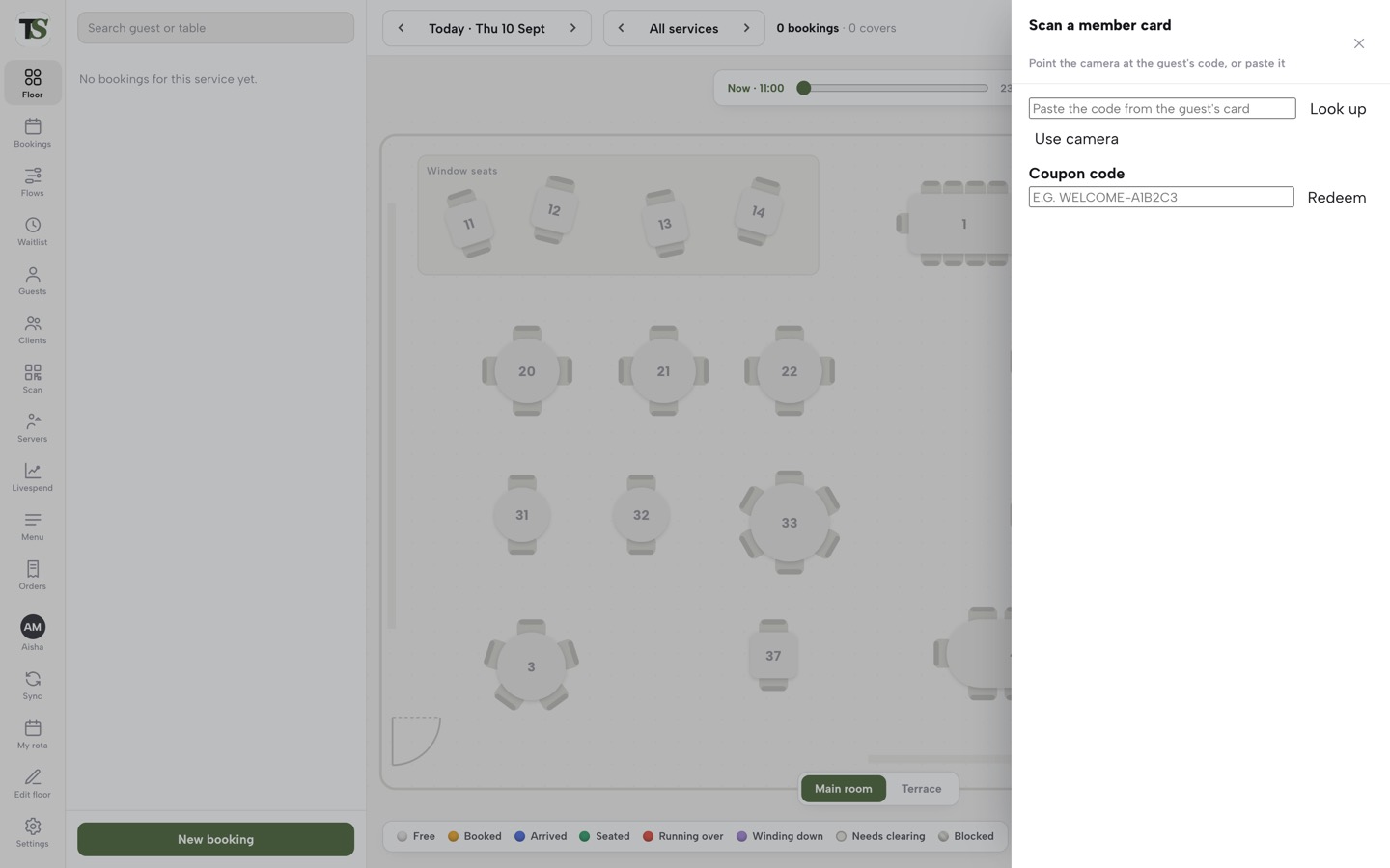 The Service floor's Scan a member card sheet: a field to paste the code from the guest's card, a Look up button, a Use camera button and a Coupon code field with Redeem