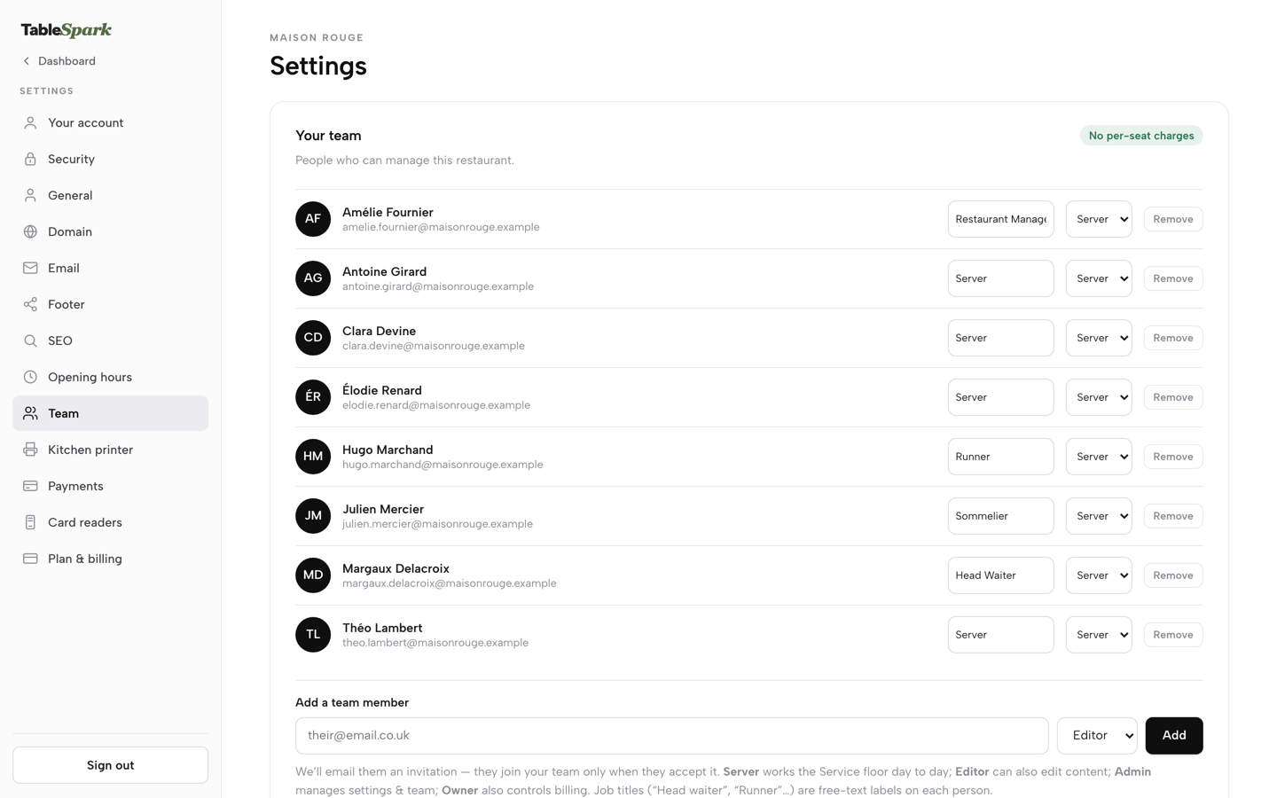 The Team page: the team list with roles and the Add a team member form below it