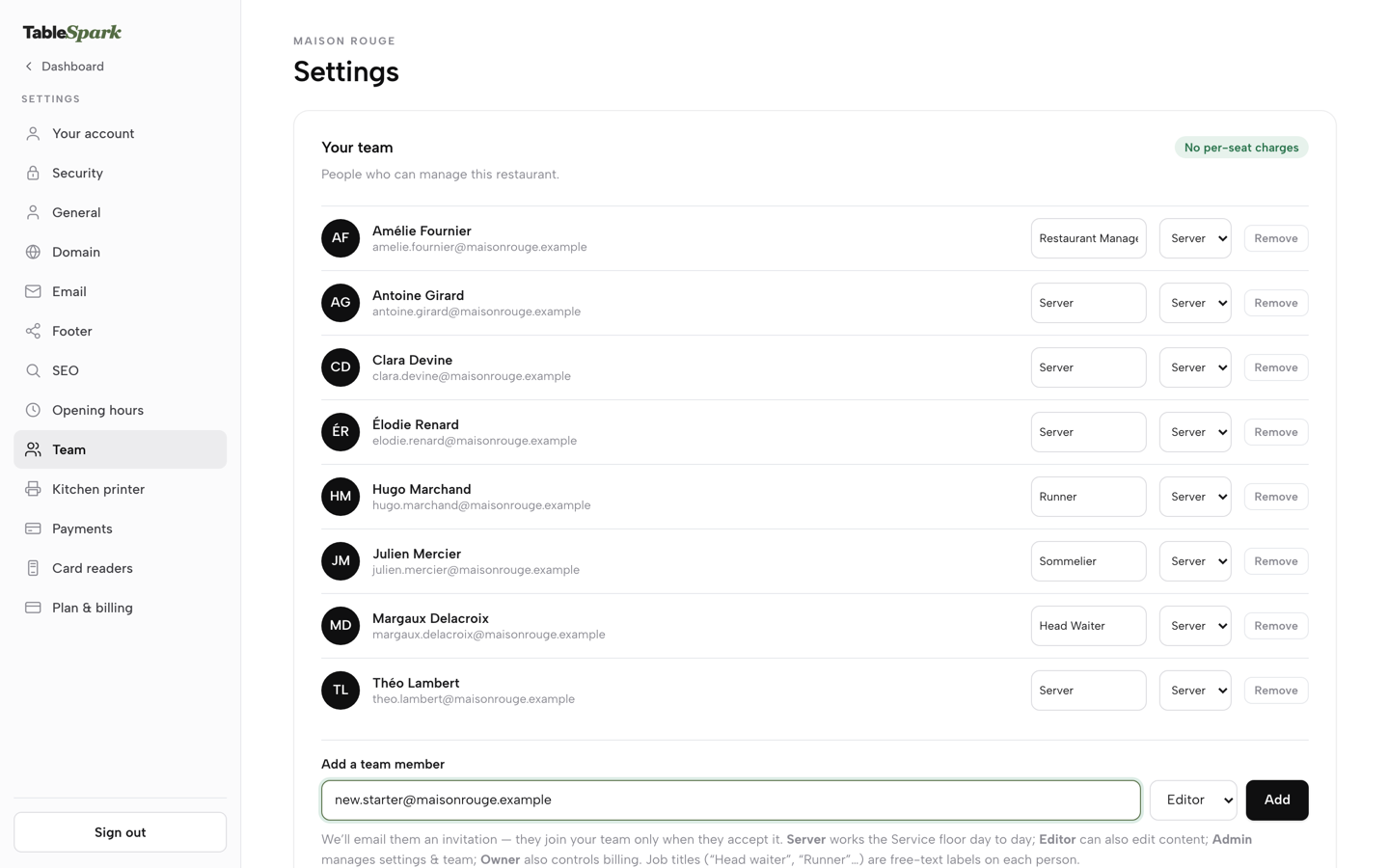 The Add a team member form with a practice email typed in, next to the role dropdown