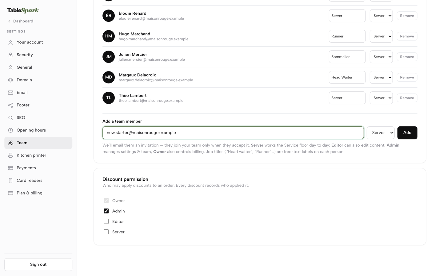 The Discount permission card with Owner locked and ticked, Admin ticked, Editor and Server unticked