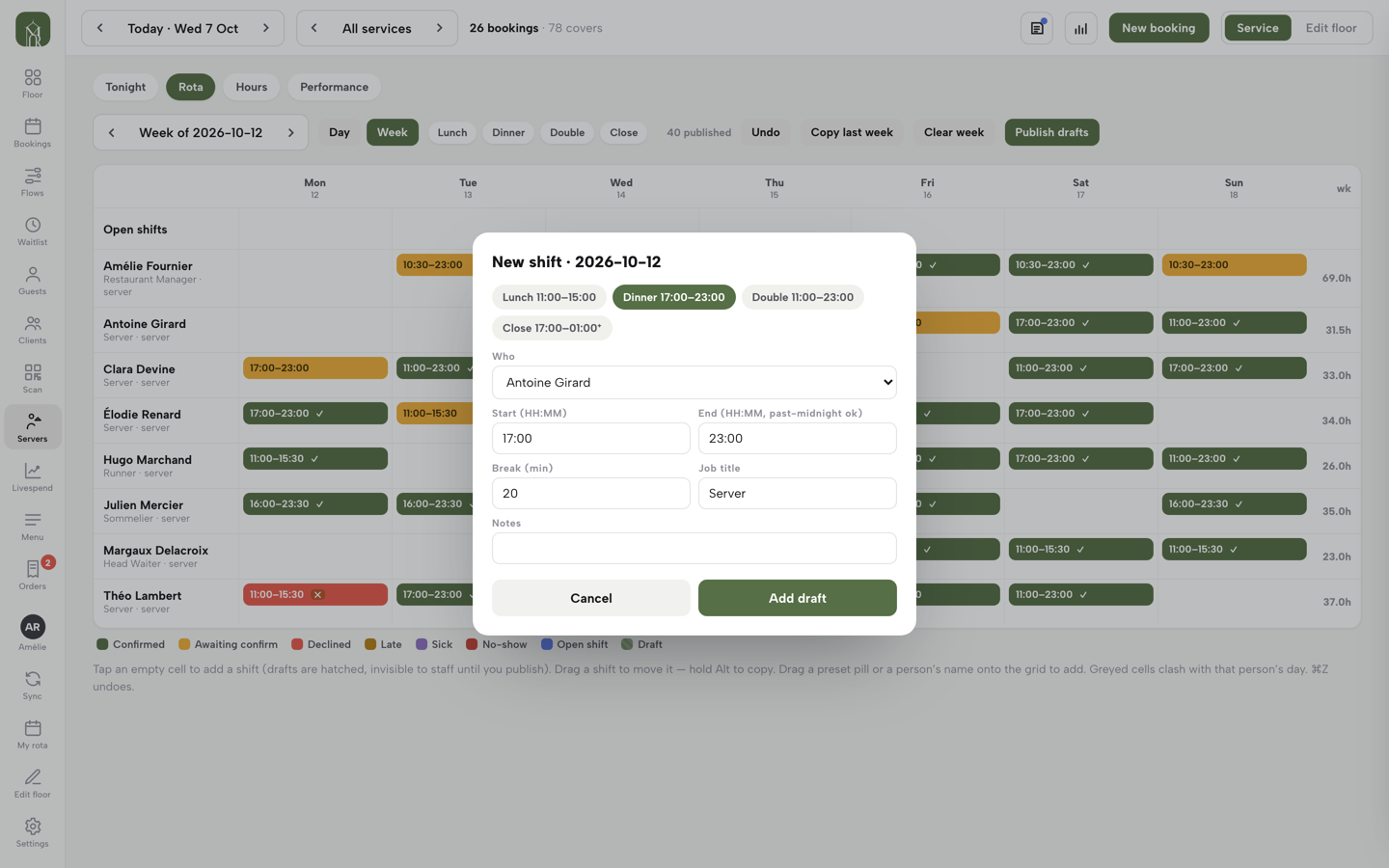 The new-shift form filled with the Dinner preset and the Add draft button