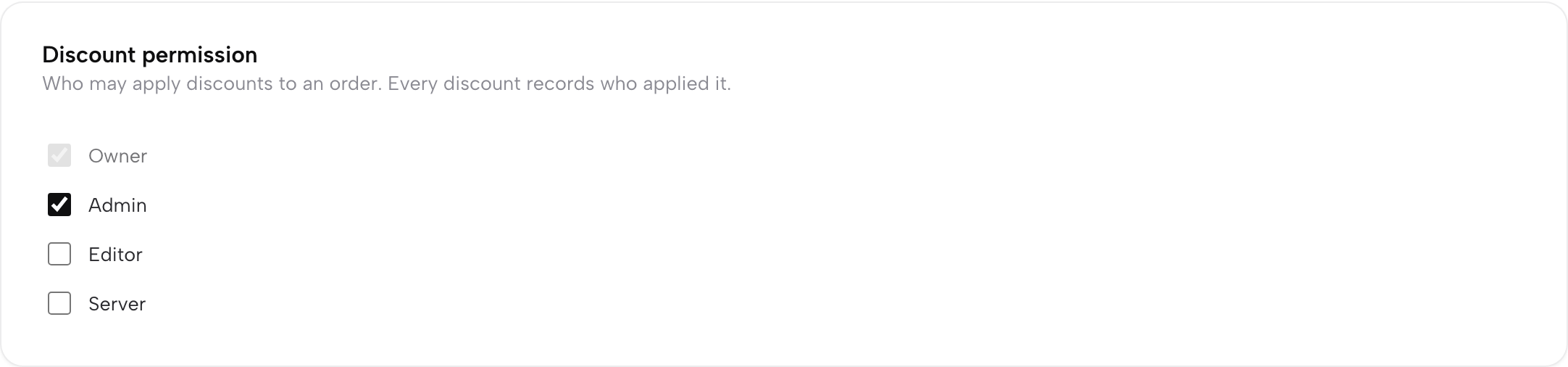 The Discount permission card: checkboxes per role for who may apply an order discount, with Owner ticked and locked