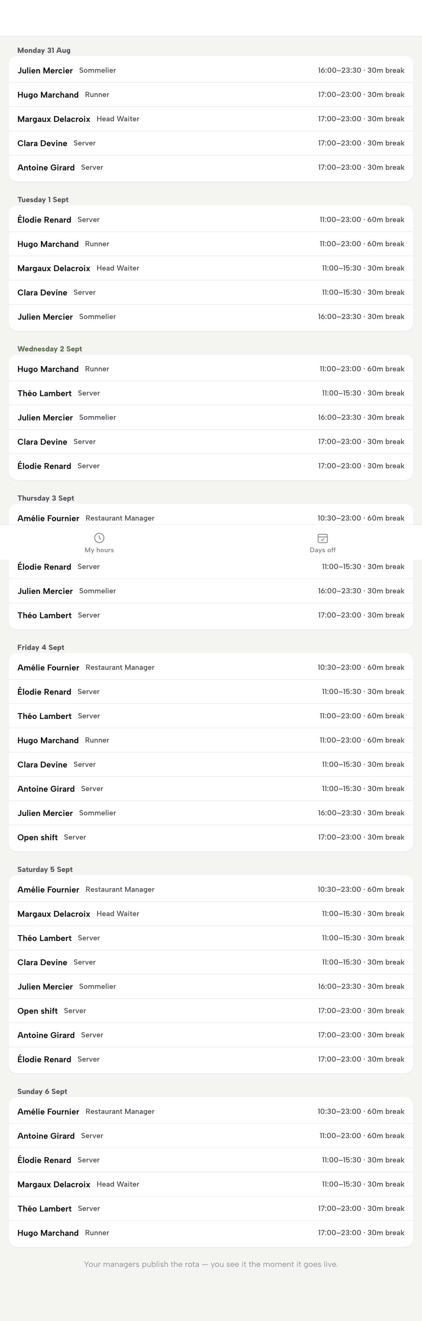 The My rota view: a team member's own week of published shifts with times and breaks, and the My hours and Days off tabs